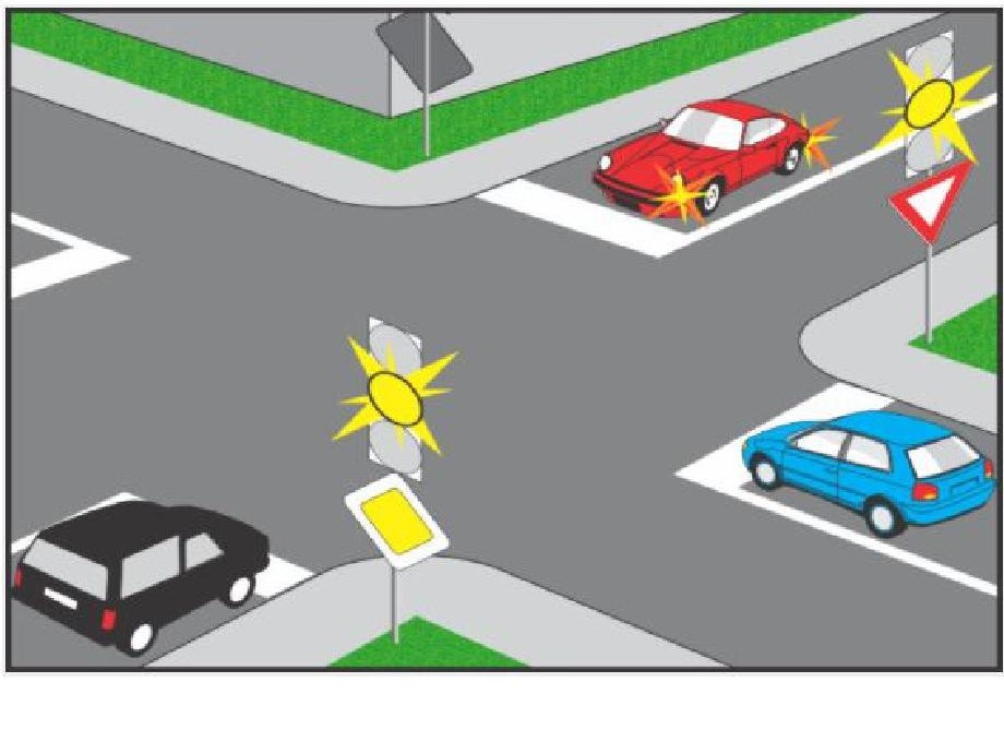 Indicaţi ordinea de traversare a intersecţiei, în cazul în care în semafoarele din imagine funcţionează semnalul galben intermitent:
