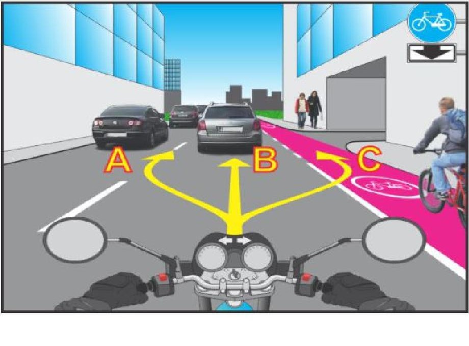 Pe care din traiectorii are dreptul să continue deplasarea motociclistul, dacă în direcția de deplasare s-a format un ambuteiaj?