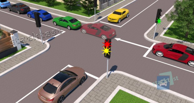 Чи дозволено водієві червоного автомобіля виїхати на перехрестя на зелений миготливий сигнал світлофора, якщо за перехрестям утворився затор і йому буде потрібно зупинитися на перехресті?